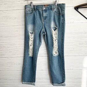 POL clothing Distressed Peekaboo Fishnet Jeans